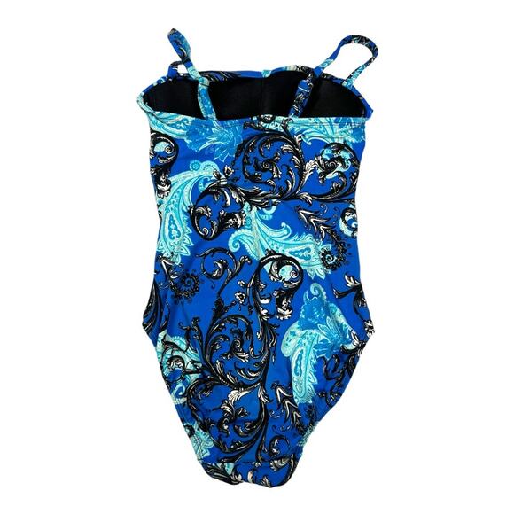 Robby Len One-Piece Swimsuit Blue Black Paisley Print Ruched Soft Cup Women's 10 - Picture 2 of 12